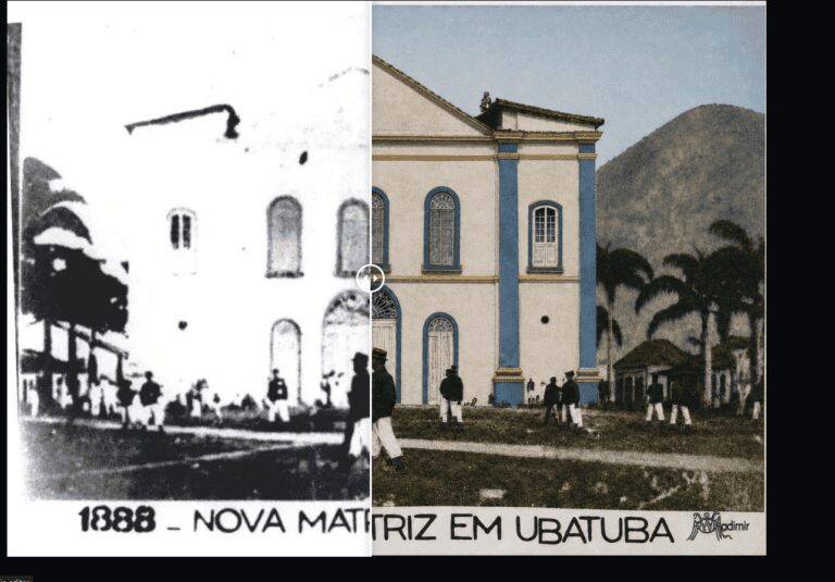 Antes da torre e do relógio: IA devolve cores à Matriz de Ubatuba em registro de 1888